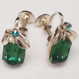 Lisner 50's Emerald Cut Apple Rhinestone Earrings